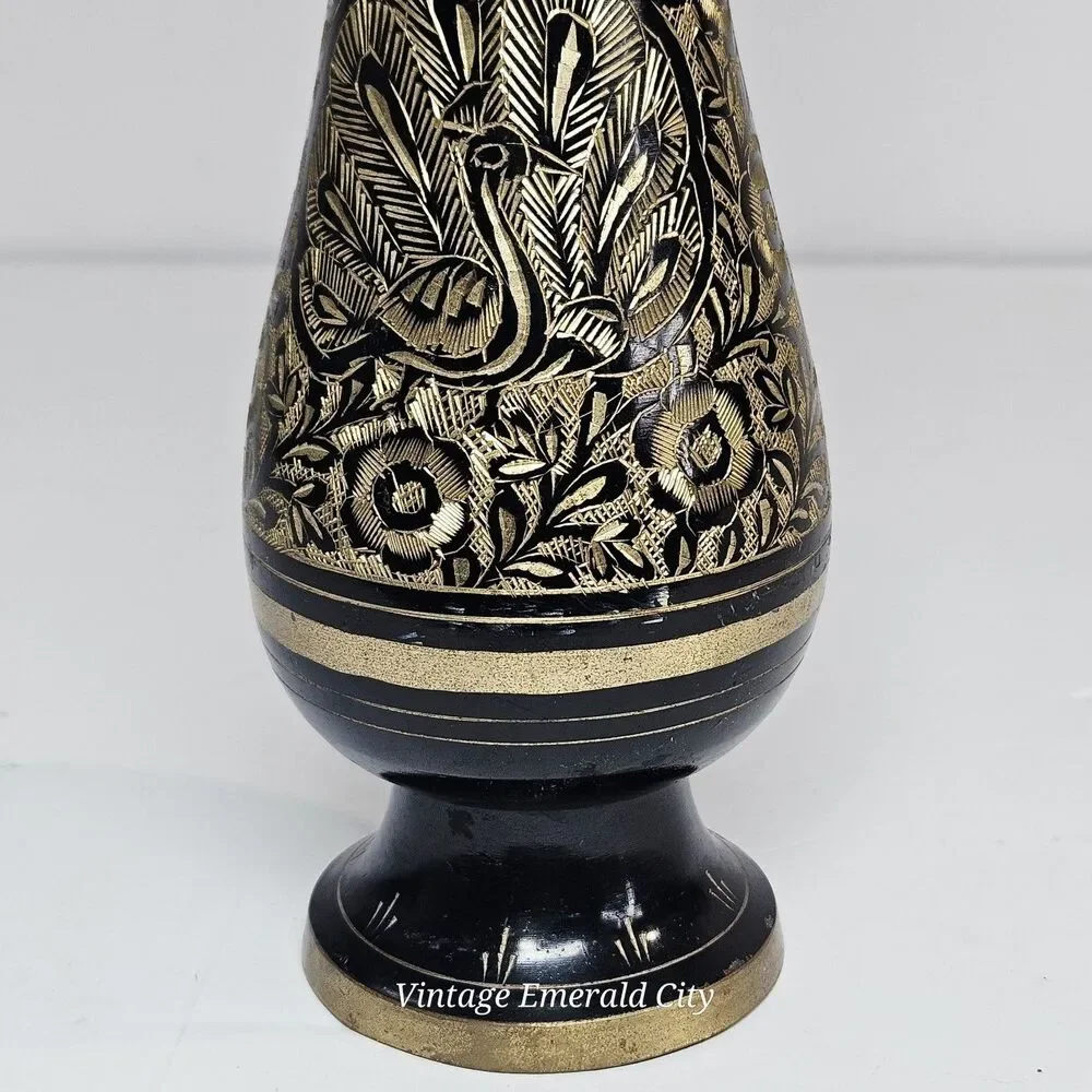 Vtg Black Gold Etched Brass Vase Peacock Floral Metalwork 9.5